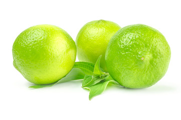 Three fresh limes with leaves isolated on white