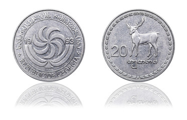 Coin 20 tetri GEL with mirror reflection. Republic of Georgia