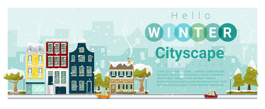 Hello winter cityscape background , vector , illustration