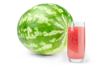 Whole watermelon and glass of fresh juice isolated on white