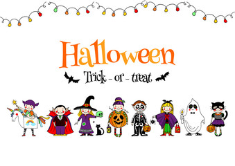 Group of kids in Halloween costumes, Hand drawn vector illustration, poster