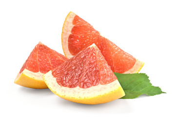 Three slices of grapefruit on white background, isolated fruit