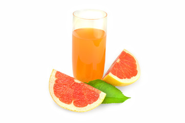 Full glass of grapefruit juice and two wedges isolated on white background