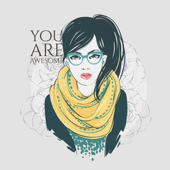 Beautiful hipster young women in a fashion jacket with scarf and glasses. Vector hand drawn illustration.