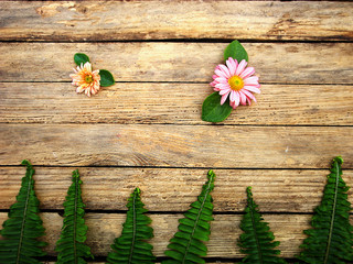 On a wooden texture arranged flowers and leaves.