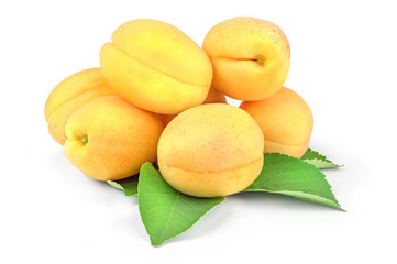 Ripe apricots with leaf isolated on white background