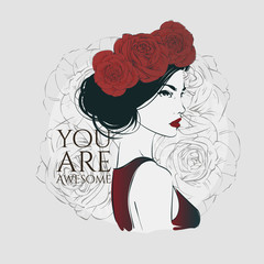 Portrait of young beautiful woman with red roses in hair. Vector hand drawn illustration.