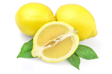 Lemon. Fruit with leaves on a white background
