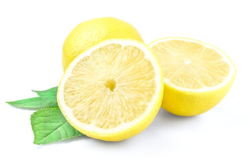 Yellow lemon and two halves isolated on a white background with  green leaf