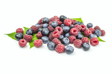 Blueberries , raspberries on white background