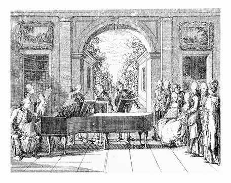 XVIII Century Engraving, Music Entertainment In Beautiful Renaissance Architecture And Garden