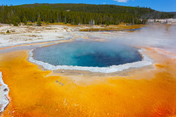 colorful geiser pool in yellowstone national park