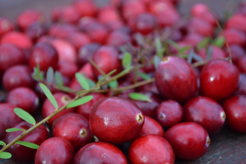 Cranberry with leaves. Red background. Ingredient for christmas baking.
