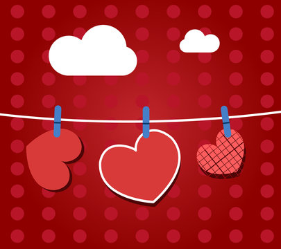 Paper hearts hanging from a rope, on red wallpaper. Part of Valentines day set. Vector art.