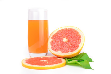 Grapefruit juice and ripe sliced  with leaves isolated on white background cutout