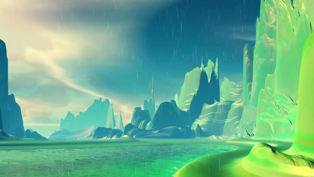 Mountain and  lake. Landscape of stranger planet. 3D animation. 4К 