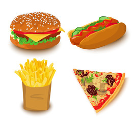 Fast food set: humburger, hot dog, French fries and slise of pizza isolated on white background. Vector illustration
