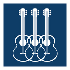 Naklejka premium Template Design Poster with acoustic guitar silhouettes. Idea for Live Music Festival, show, entertainment background. Musical concert promotion, advertisement poster, banner. Vector illustration.