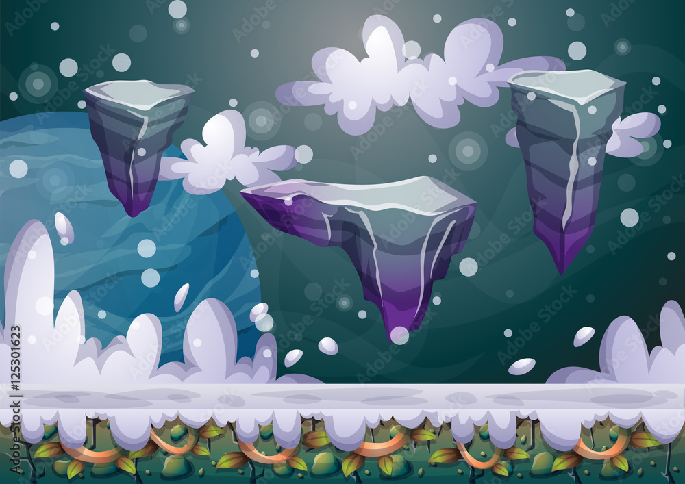 Poster cartoon vector floating island background with separated layers for game art and animation game desi