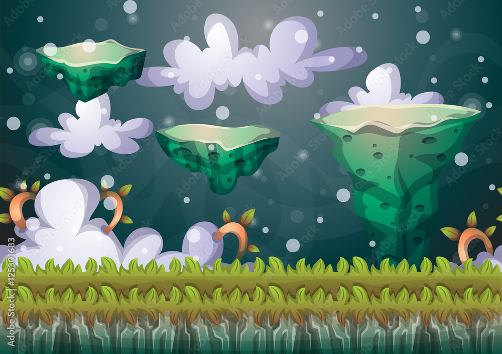 Aufkleber cartoon vector floating island background with separated layers for game art and animation game desi