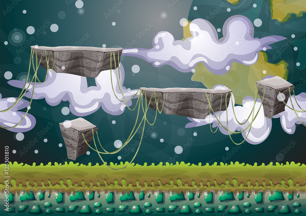 Poster cartoon vector floating island background with separated layers for game art and animation game desi