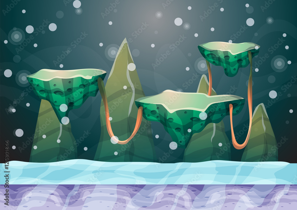 Poster cartoon vector floating island background with separated layers for game art and animation game desi