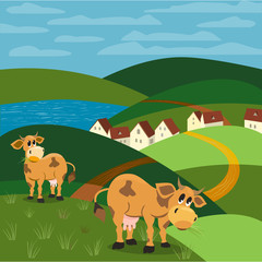 Obraz na płótnie Canvas Milk cow. Mammals animals. Rural landscape background. Cows with udder, horns, hoofs. Village country houses on lake beach. Green hills, grass. Vector illustration