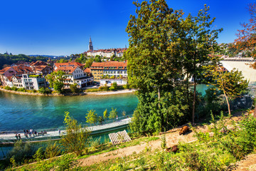 Fototapeta na wymiar View of Bern old city center with river Aare, Switzerland