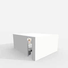 3d rendering of cube shape bedroom apartment with opened door