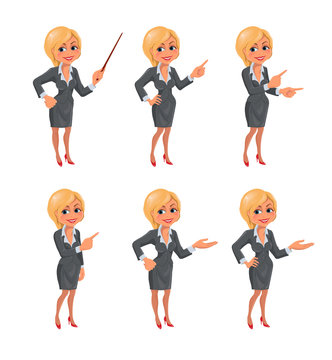 Set of cartoon smiling businesswoman in suit standing in different presentation poses. Vector illustration isolated on white background.