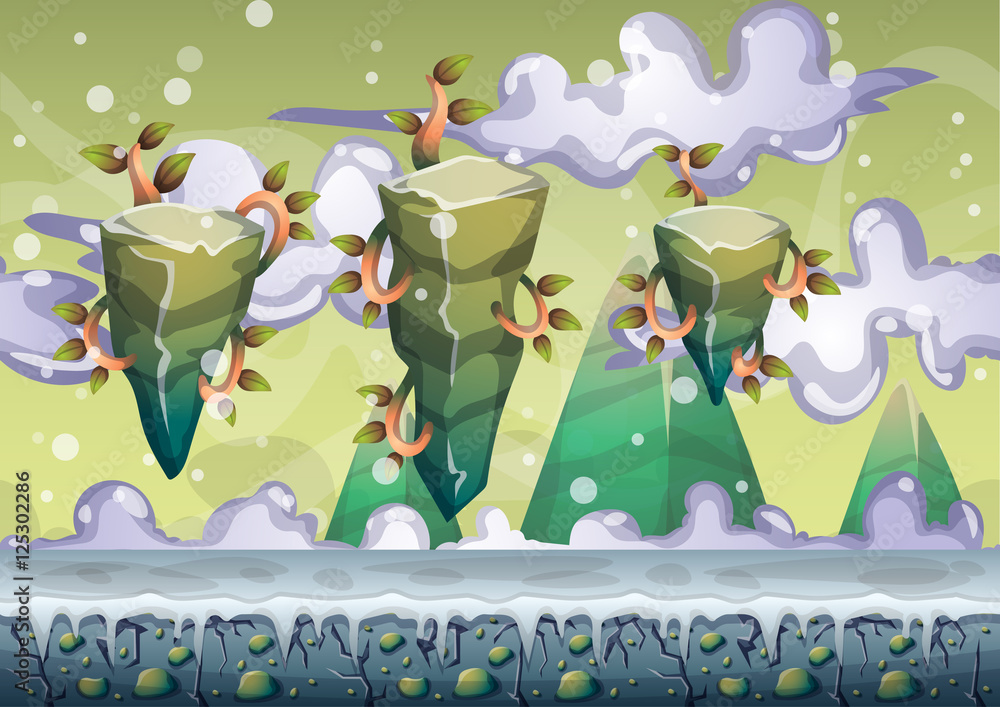 Aufkleber cartoon vector floating island background with separated layers for game art and animation game desi