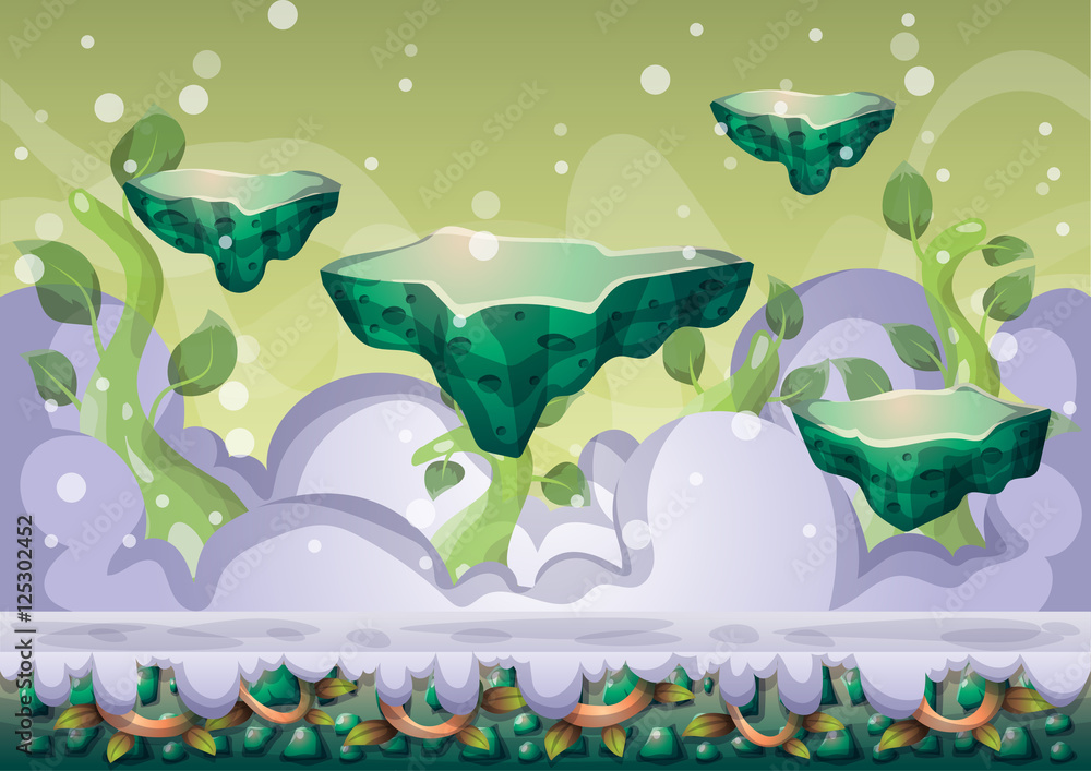 Aufkleber cartoon vector floating island background with separated layers for game art and animation game desi