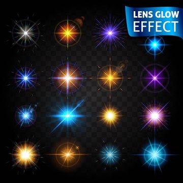 Lens glow effect. Big set of light effects on a dark background transparent. The effect of the lens, the sun glow, bright light. Set design for the Christmas