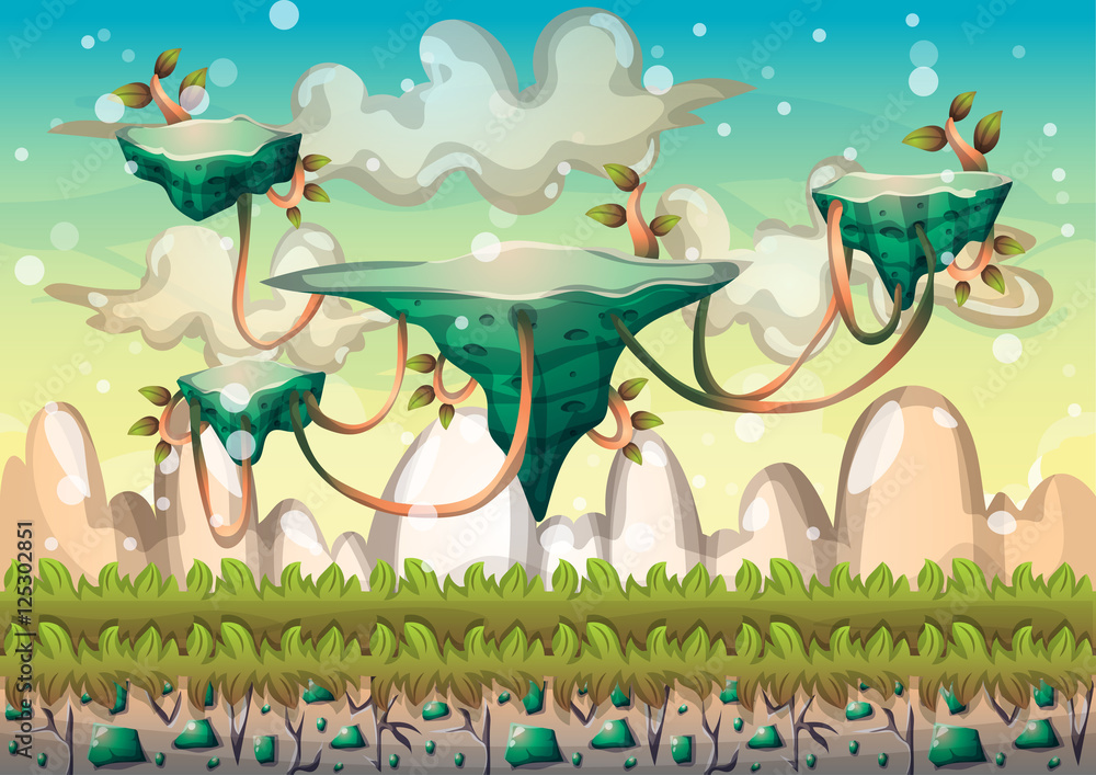 Aufkleber cartoon vector floating island background with separated layers for game art and animation game desi