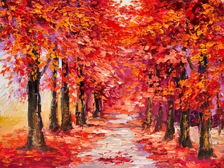 Foto op Canvas Olieverfschilderij, kleurrijke herfstbomen, impressionistische kunst © Fresh Stock