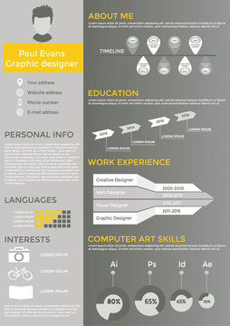 Flat resume info graphic design on grey background. Resume cv set with Infographics and Timeline. Clean vector