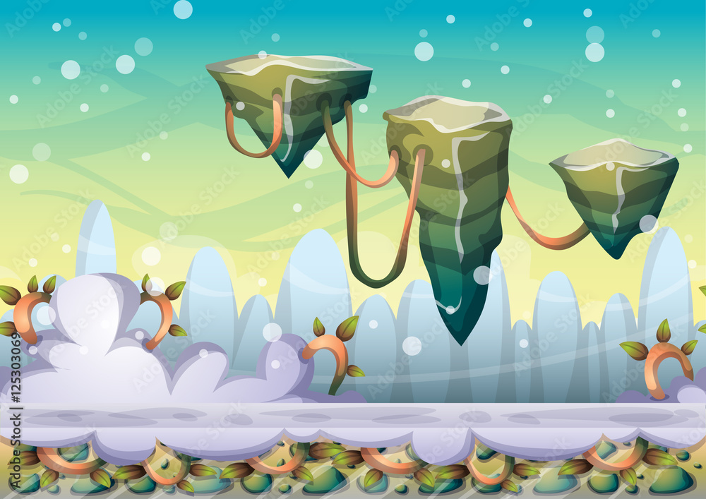 Aufkleber cartoon vector floating island background with separated layers for game art and animation game desi