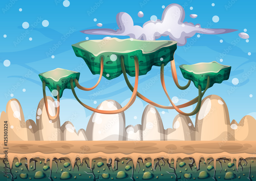 Aufkleber cartoon vector floating island background with separated layers for game art and animation game desi