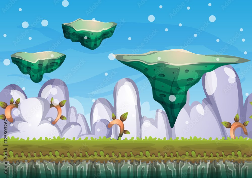 Aufkleber cartoon vector floating island background with separated layers for game art and animation game desi