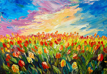 oil painting, tulips on a background of beautiful sunrise, impressionism art