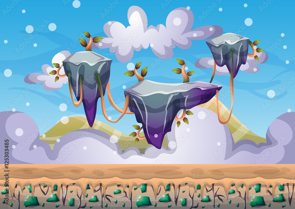 Aufkleber cartoon vector floating island background with separated layers for game art and animation game desi