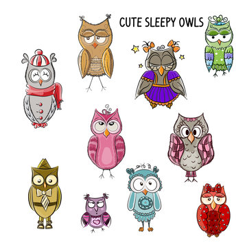 Set of cute sleepy colorful owls