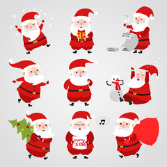 Collection of christmas santa claus icons isolated on white background. Santa claus vector illustration for christmas card, online shopping. Cartoon Santa with tree and gifts for children.