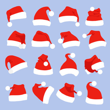 Set of santa hats for christmas party. Red santa claus hats icon isolated on blue background.