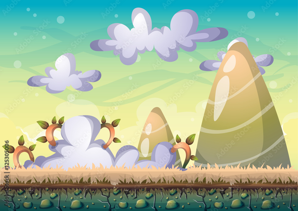 Poster cartoon vector sky background with separated layers for game art and animation game design asset in 