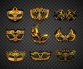 Carnival mask isolated on transparent background. Realistic face mask icon set vector illustration.