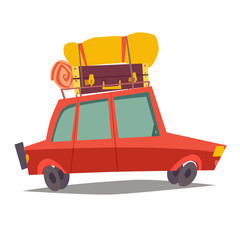 Car for traveling vector. Red car, vehicle transport with baggage. Car for family trip, side view. Cartoon style illustration, isolated on white background