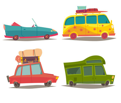 Vehicle transport for travel vector set. Car for family weekend trip, Сabriolet, Motorhome and  camper bus. Tourism, summer holiday. Cartoon style illustration, isolated
