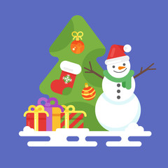 Vector flat style illustration with snowman, presents  