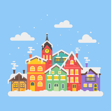 Vector flat style illustration of christmas winter city © thruer